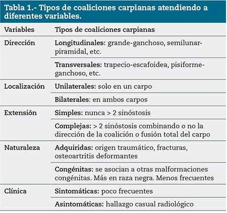 Tabla 1.- Tipos de coaliciones carpianas atendiendo a diferentes variables.